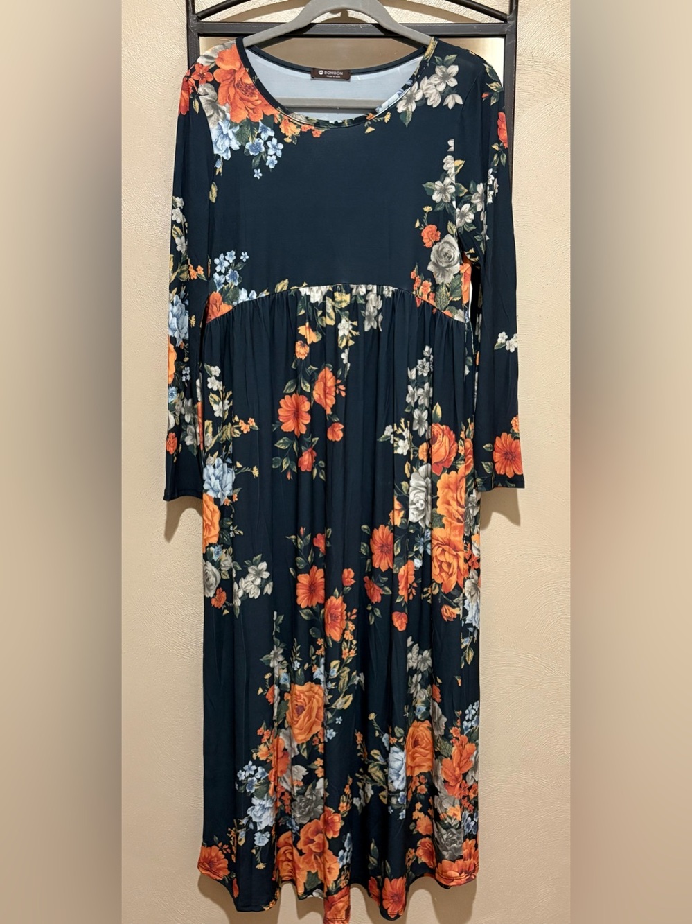 BOMBOM Floral Long Sleeve Maxi Dress in Navy with Orange Accents Size M